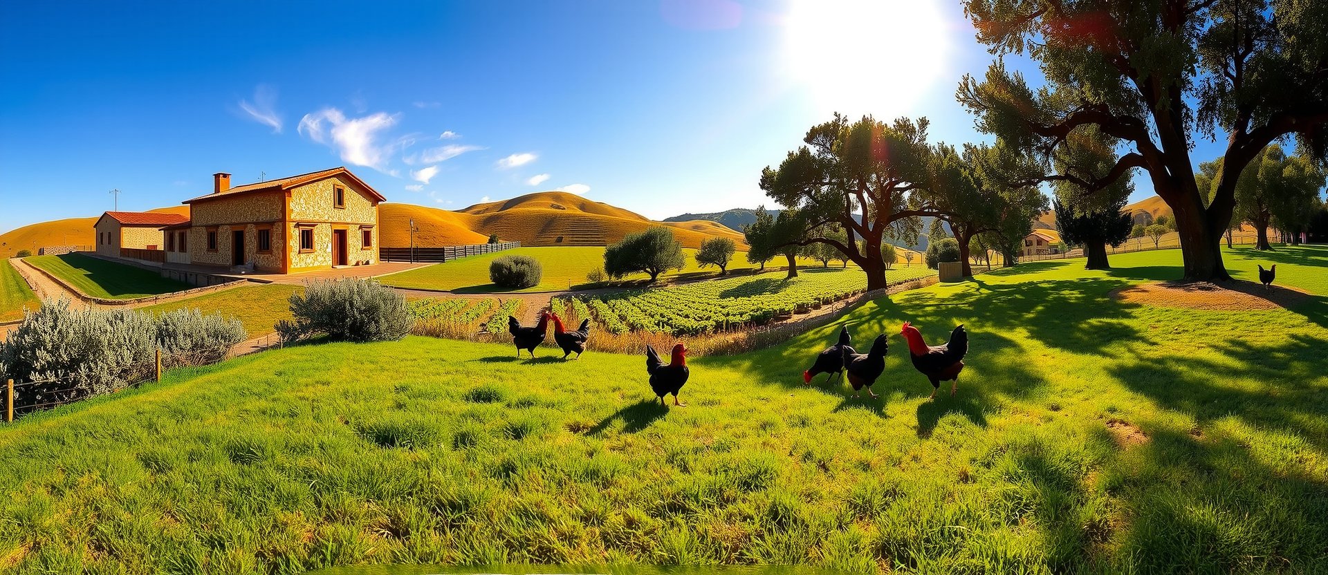 Scenic view of Solana Farms pastures with free-range chickens